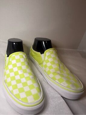 Vans Women's Slip-On Checkerboard Sneakers in Neon Yellow and White